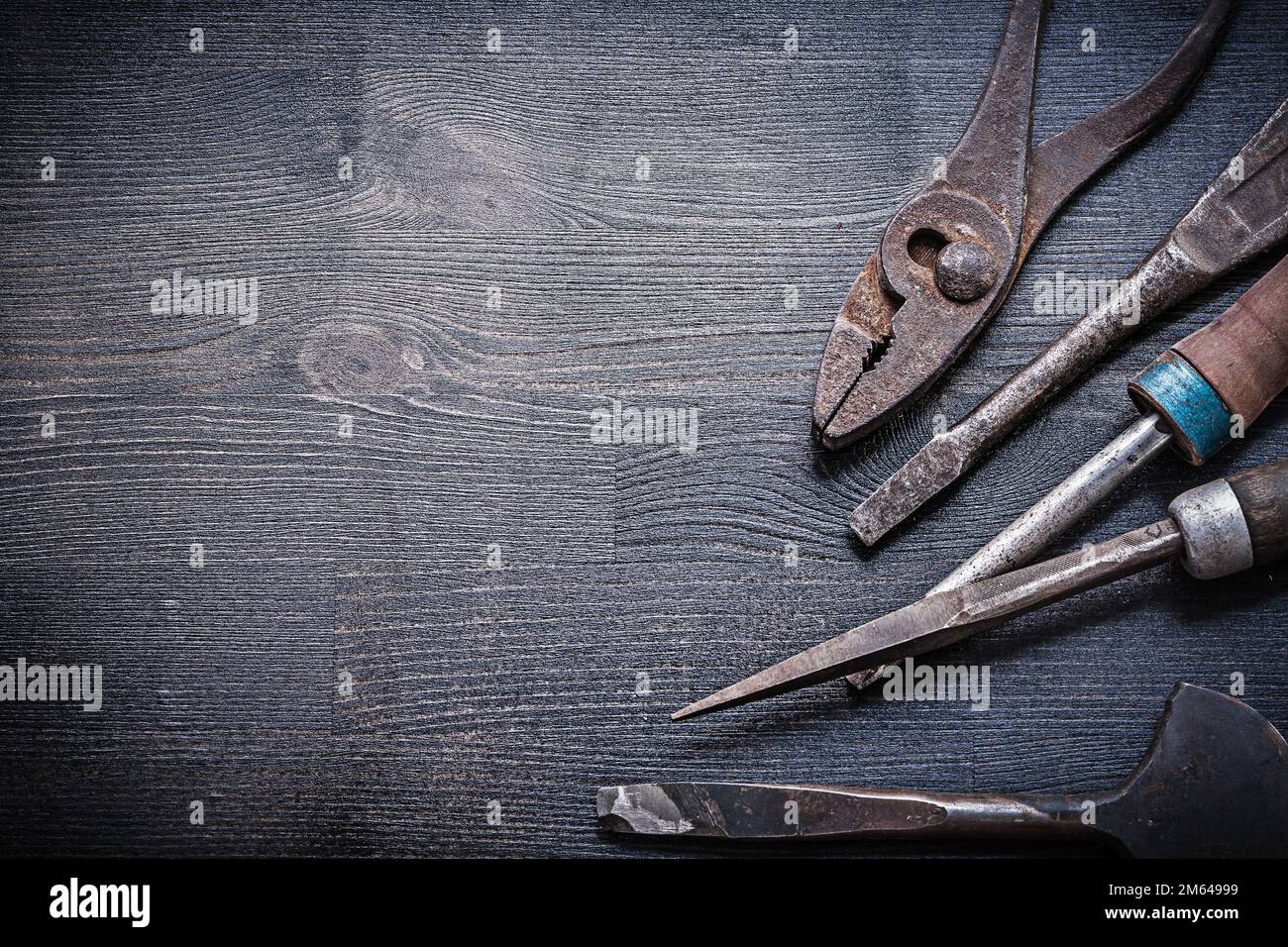 vintage cold chisel rasp screwdriver pliers. Stock Photo