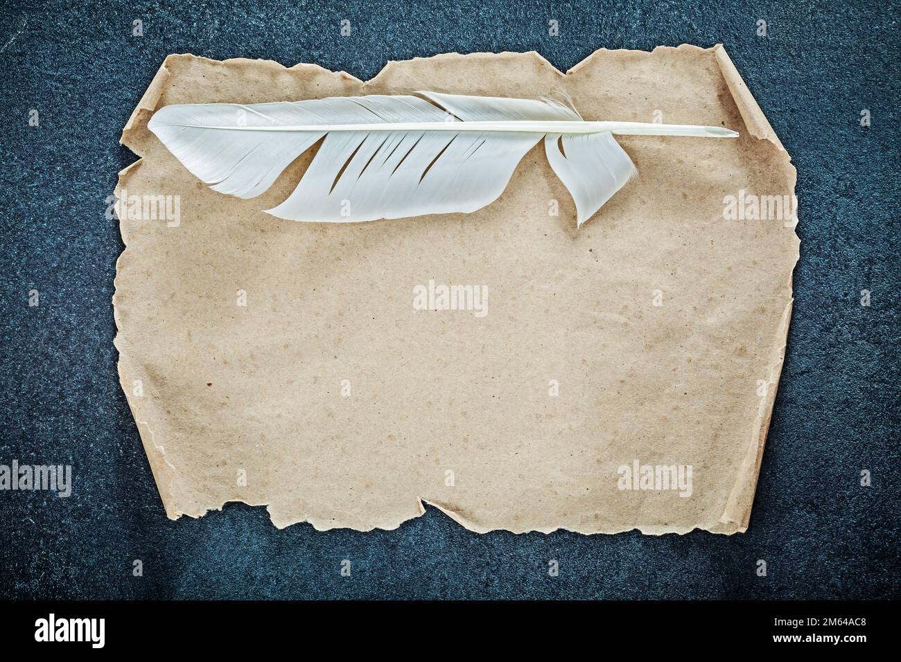 Vintage paper roll feather on black background Stock Photo - Alamy
