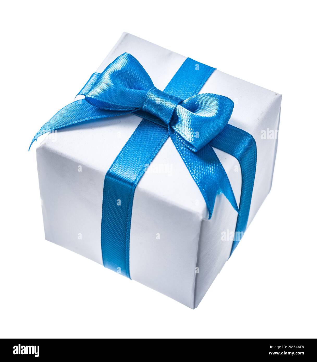 White gif box with blue ribbon isolated on white Stock Photo Alamy