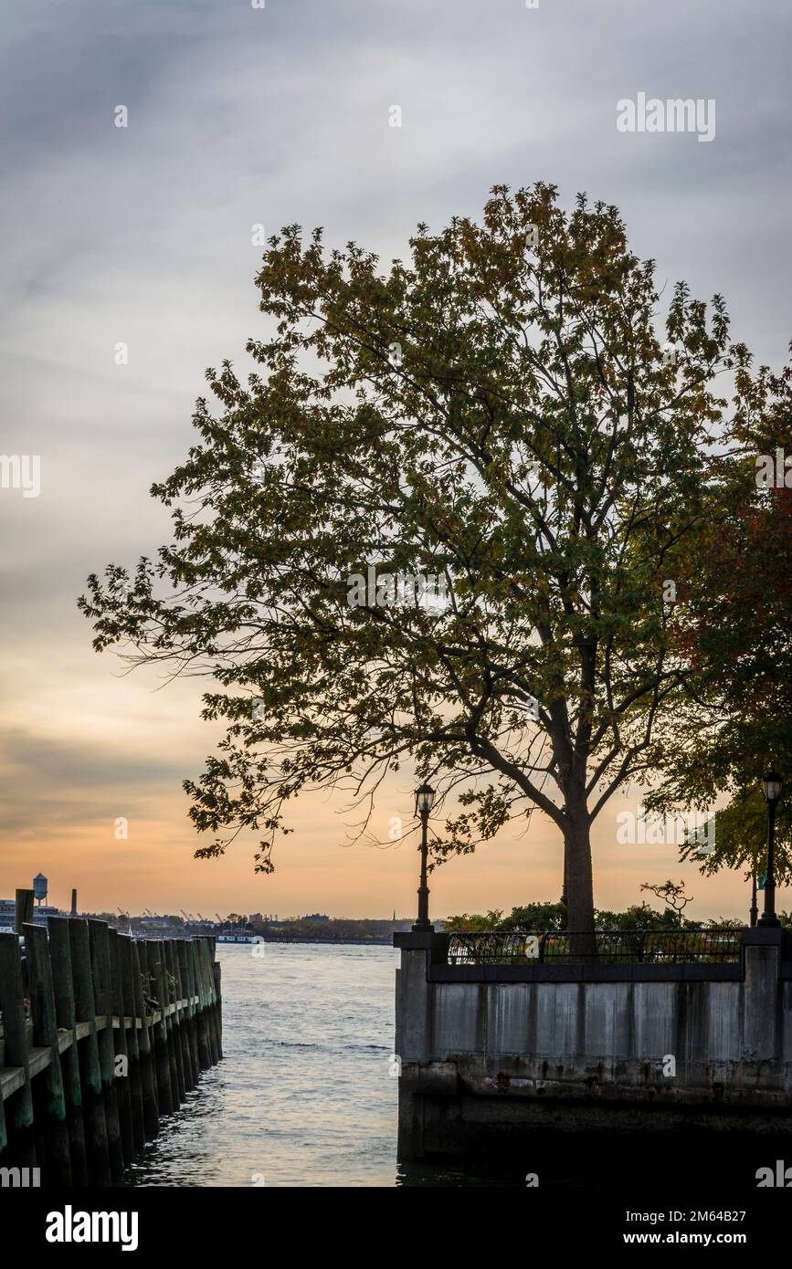 View of the Hudson River from Battery Park, historic park in Lower