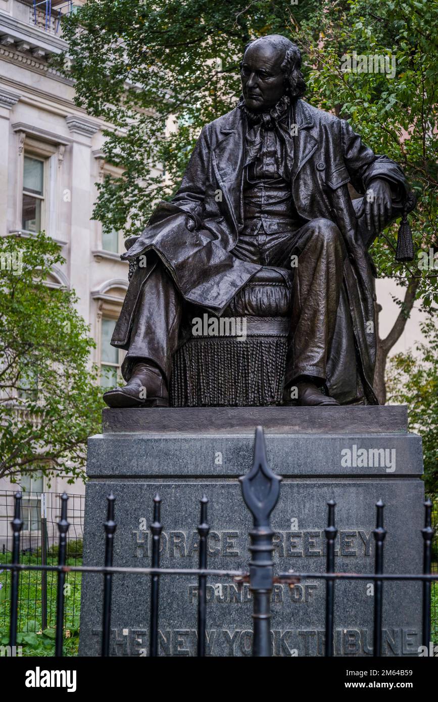 Statue of Horace Greeley in City Hall Park), New York City, USA Stock Photo