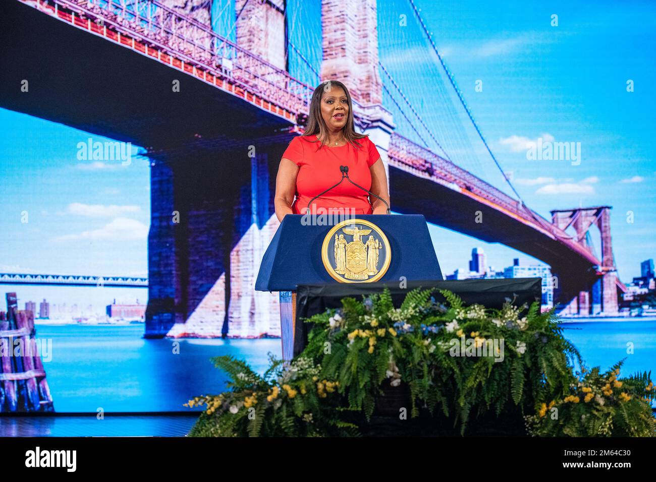 January 1, 2023, Albany, New York, United States: Attorney General Letitia James delivers remarks after sworn by Charles Schumer during Inauguration ceremony for New York statewide officials at Empire State Plaza Convention Center in Albany. Governor Kathy Hochul was sworn as first ever female Governor of the state of New York for full term. (Credit Image: © Photographer Lev Radin/Pacific Press via ZUMA Press Wire) Stock Photo