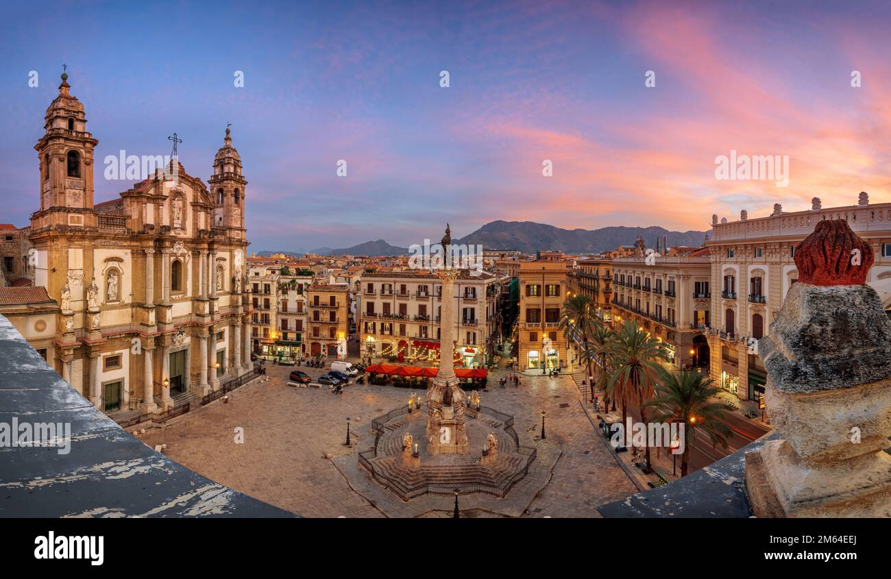 Palermo, Italy cityscape and square at dusk. Stock Photo