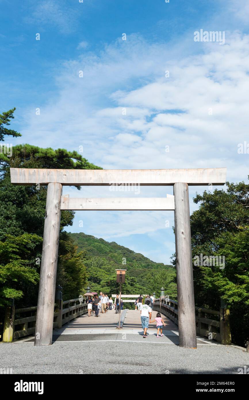 Torii gate on Uji-bashi, over the Isuzu River, at Ise Grand Shrine, Ise, Mie, Japan Stock Photo