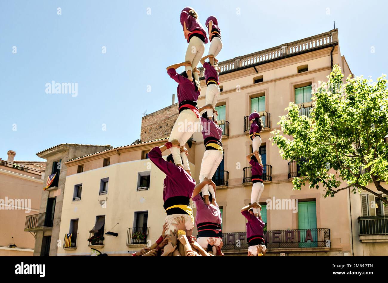 Igualada, Barcelona; April 28, 2019: Castelleras Days of Barcelona. 24th anniversary of the Moixiganguers group from Igualada, building a human tower Stock Photo