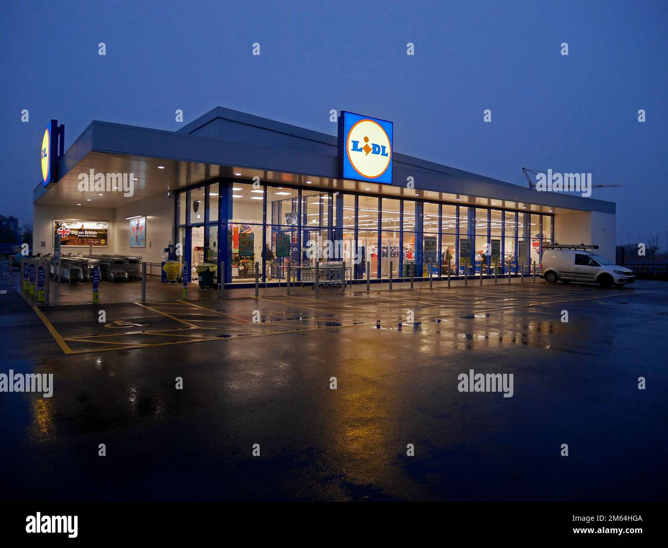 New Lidl Supermarket pictured at dusk with Interior Illuminated and