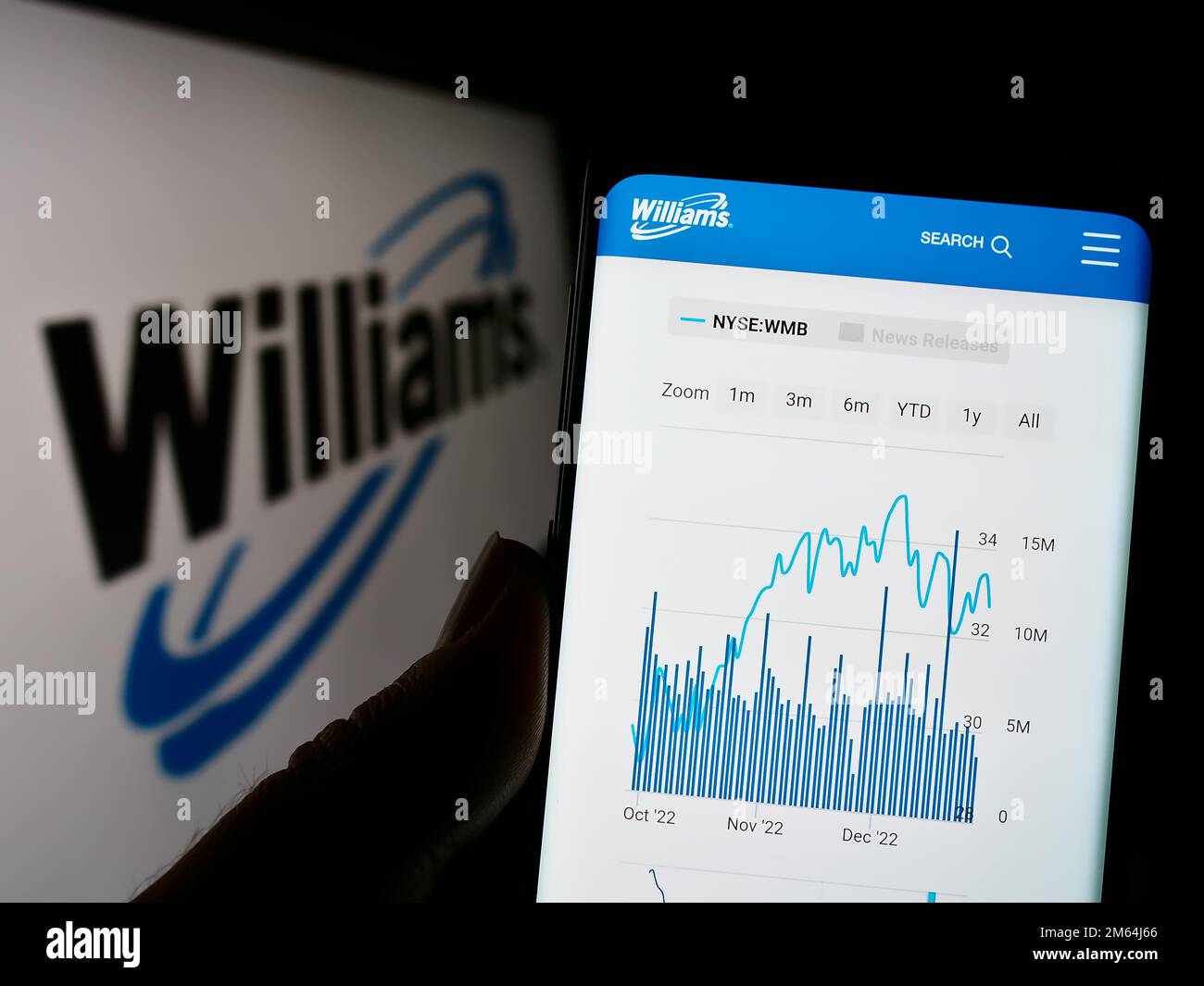 Person holding smartphone with website of US energy company Williams Companies Inc. on screen in front of logo. Focus on center of phone display. Stock Photo