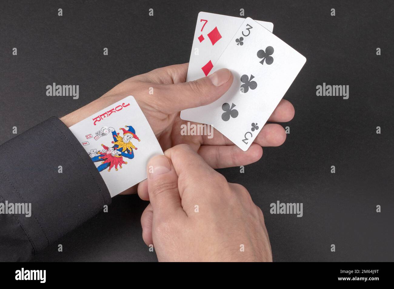Concept - joker card in the sleeve on dark background Stock Photo - Alamy Concept - joker card in the sleeve on dark background Stock Photo - Alamy