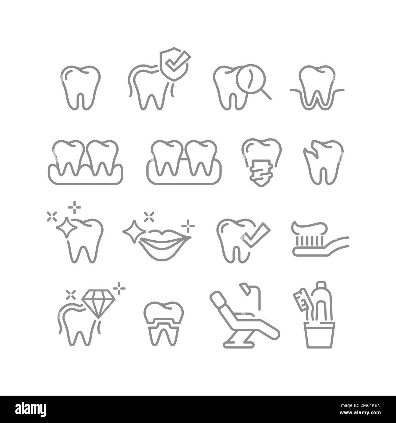 Dental care and therapy line vector icon set. Healthy tooth, caries, implants and oral hygiene set. Teeth icons. Stock Vector