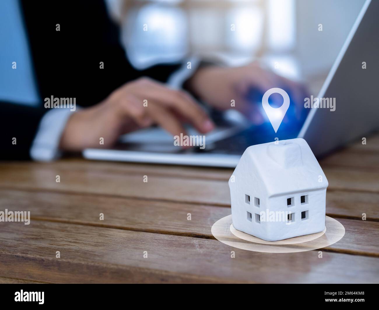 House searching. Concept of property online search, home and land buying, rental, check price survey, mortgage. Location virtual icon shining on white Stock Photo