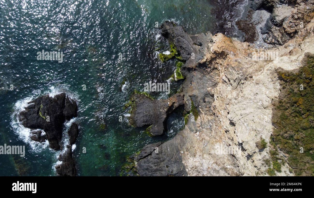 The coast of the Celtic Sea from a bird's-eye view. The rocky shores of Ireland. Drone point of view. Stock Photo