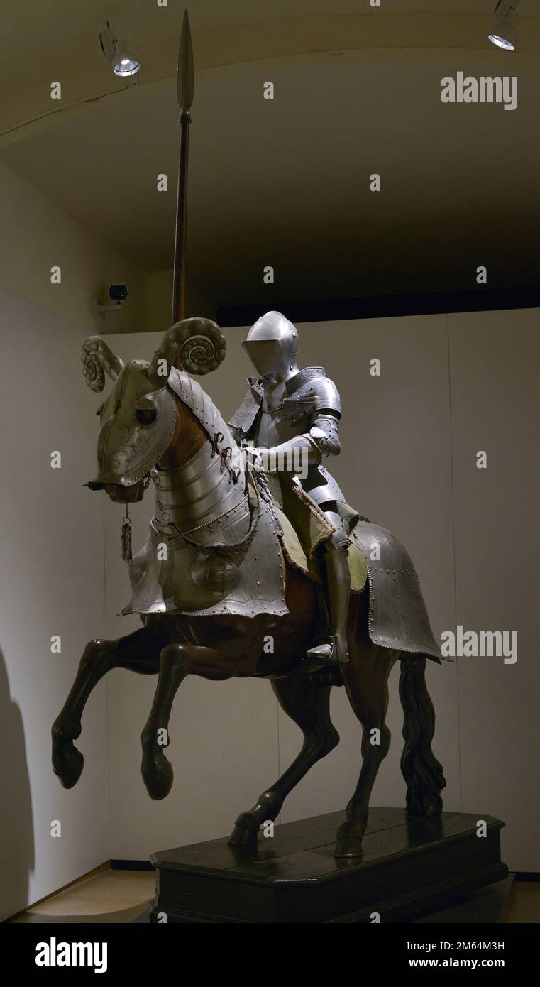 Jousting armour and incomplete horse armour belonging to the Duke of Alcala de los Gazules. Set of defensive parts for man and horse. Made from original parts, tassets from other harnesses and later replicas. Europe, 16th and 19th century. Army Museum. Toledo, Spain. Stock Photo