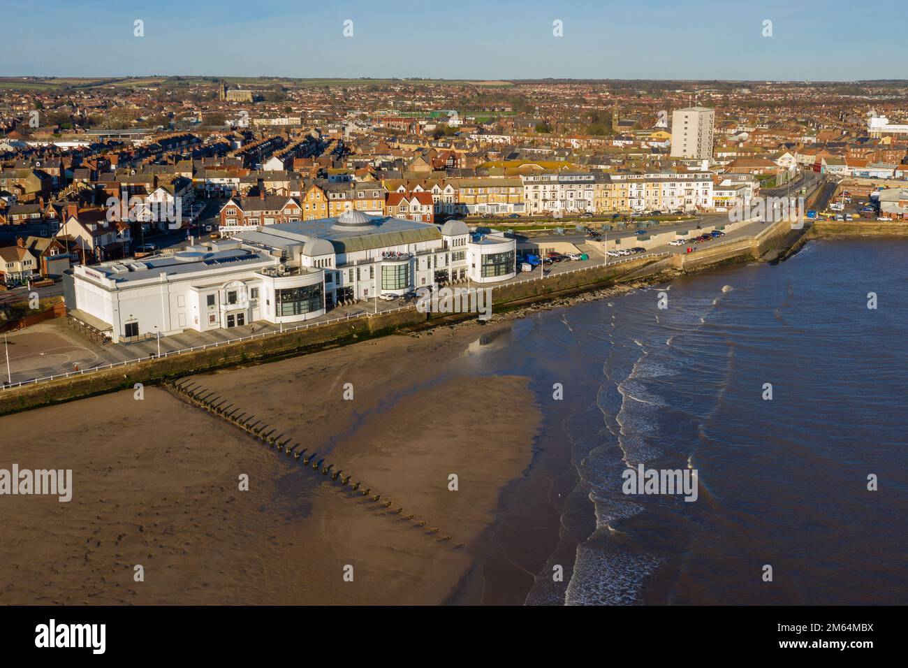 Bridlington Spa and resort on the east coast of Yorkshire England. Bridlington sea side town aerial view looking at the Spa and beach Stock Photo