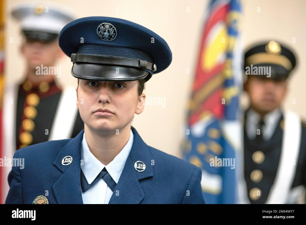 Joint Honor Guard members participate in the U.S. Central Command change of command, as U.S. Army Gen. Michael “Erik” Kurilla assumes command from U.S. Marine Corps Gen. Kenneth F. McKenzie Jr., Tampa, Florida, April 1, 2022. (DoD photo by Lisa Ferdinando) Stock Photo