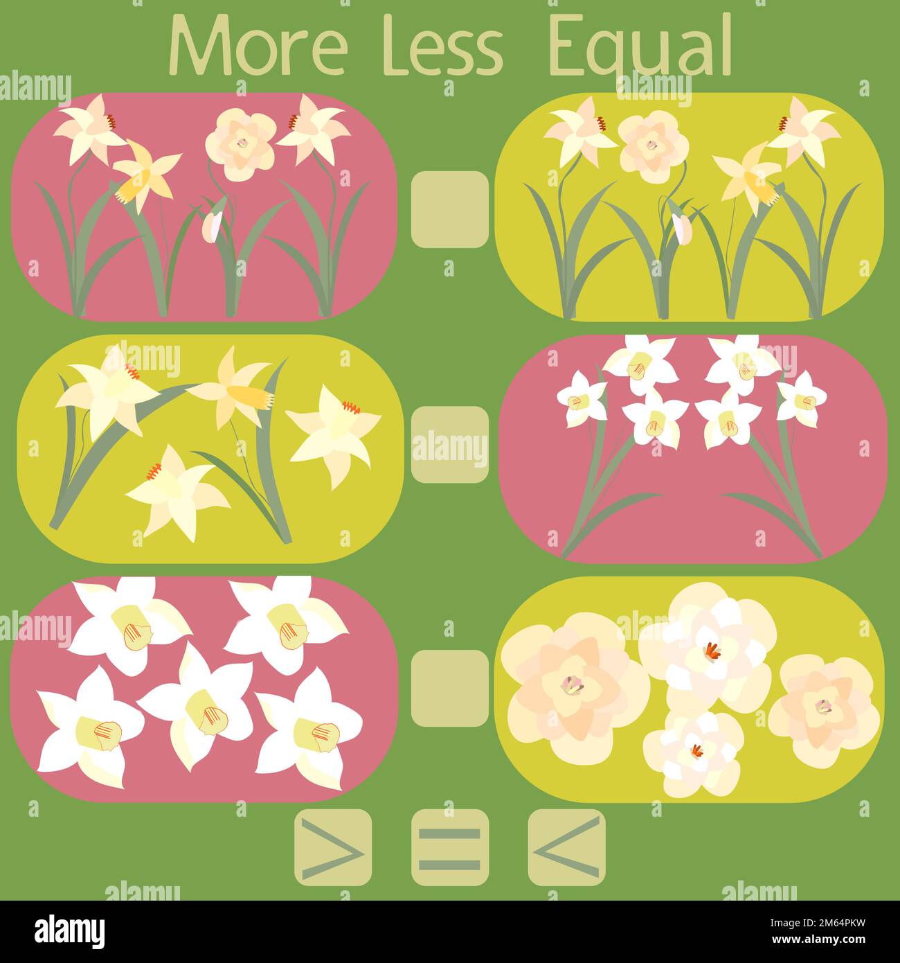 count the flowers in the picture and put a sign greater than, less than or equal to the rebus for children under 6 years old Stock Vector