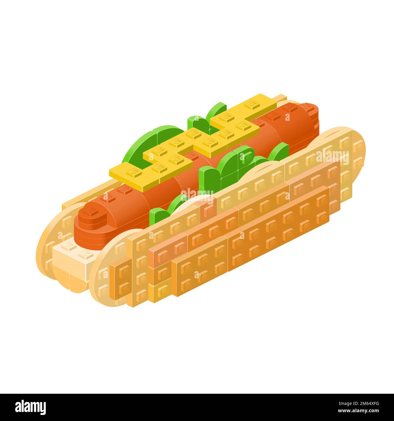 Hot dog assembled from plastic blocks and bricks in isometry. vector clipart Stock Vector