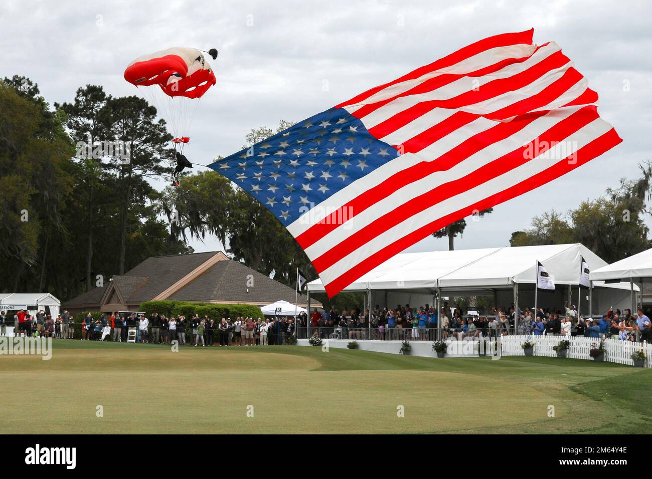U.S Army veteran Dana Bowman parachutes into the closing ceremony of