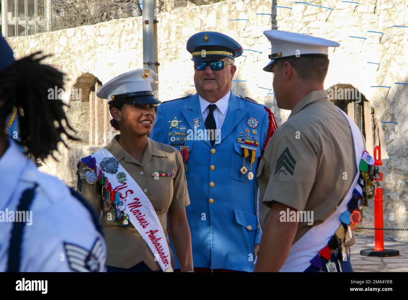 U.S. Marine Corps Ambassadors speak with a member of the Texas