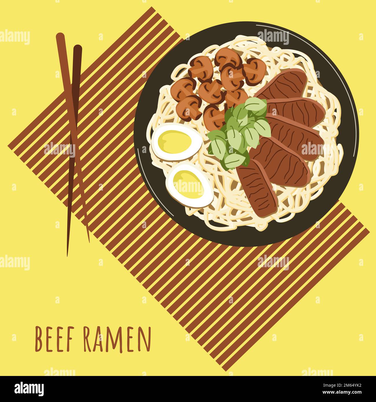 Beef ramen soup with chopsticks on bamboo placemat poster. Asian food