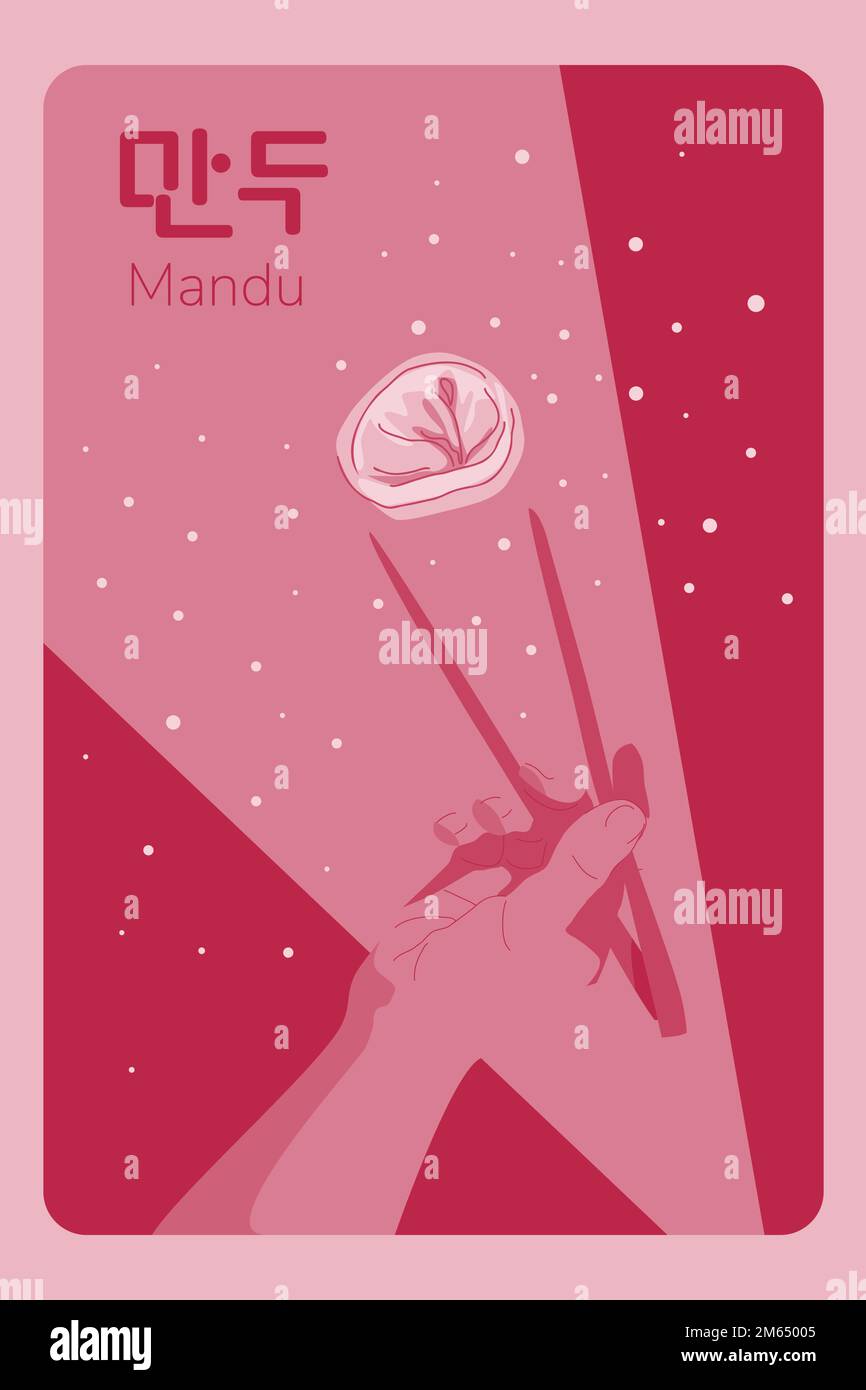 Hand with chopsticks catching mandu dumpling. Asian food creative poster with flying snowflakes background. Negative space effect. Translation from ko Stock Vector
