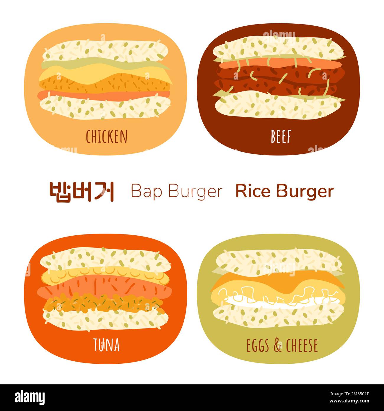 Rice burger with different fillings. Korean bap burger with chicken