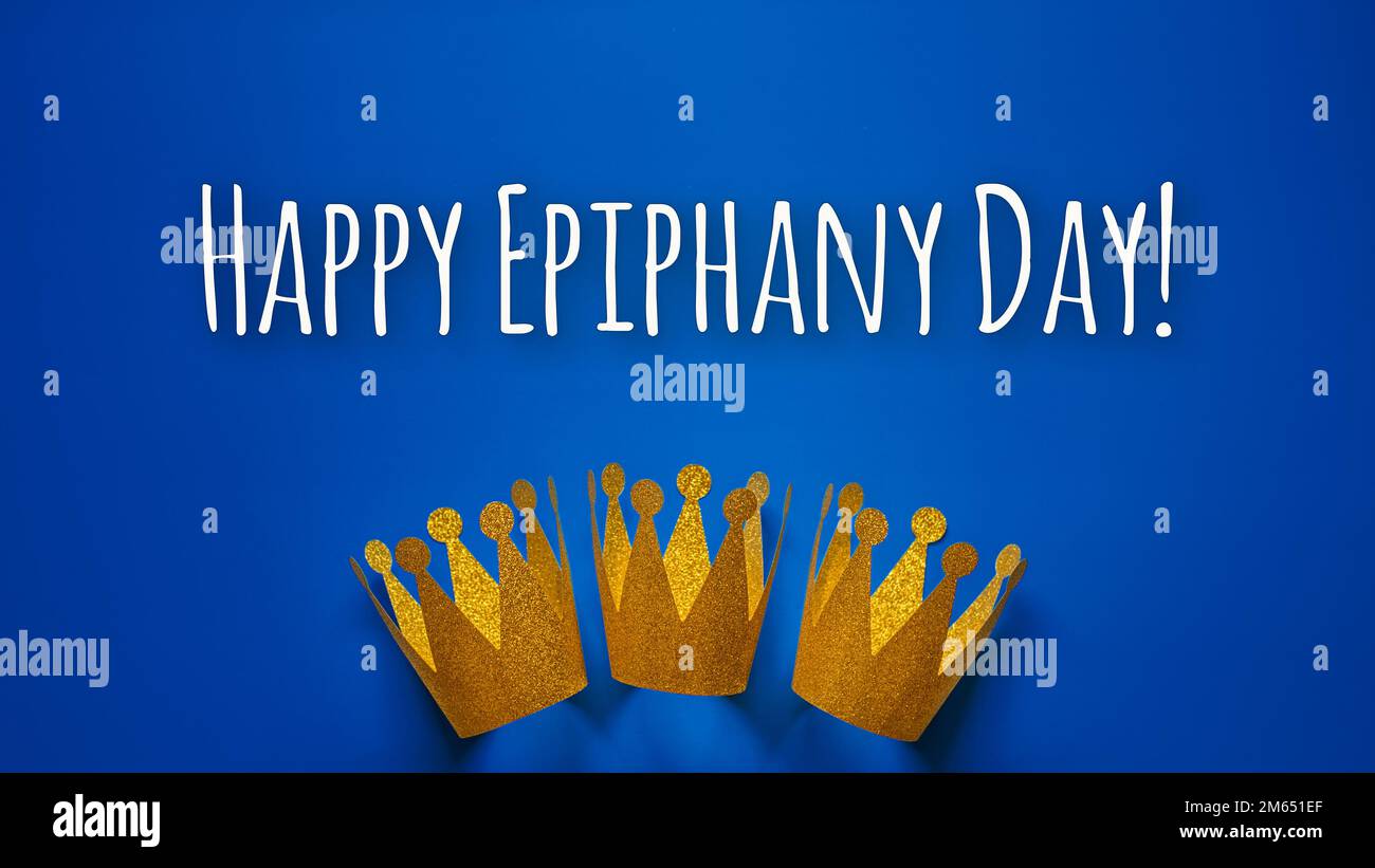 Happy Epiphany Day, Three Kings Day greeting card with three gold