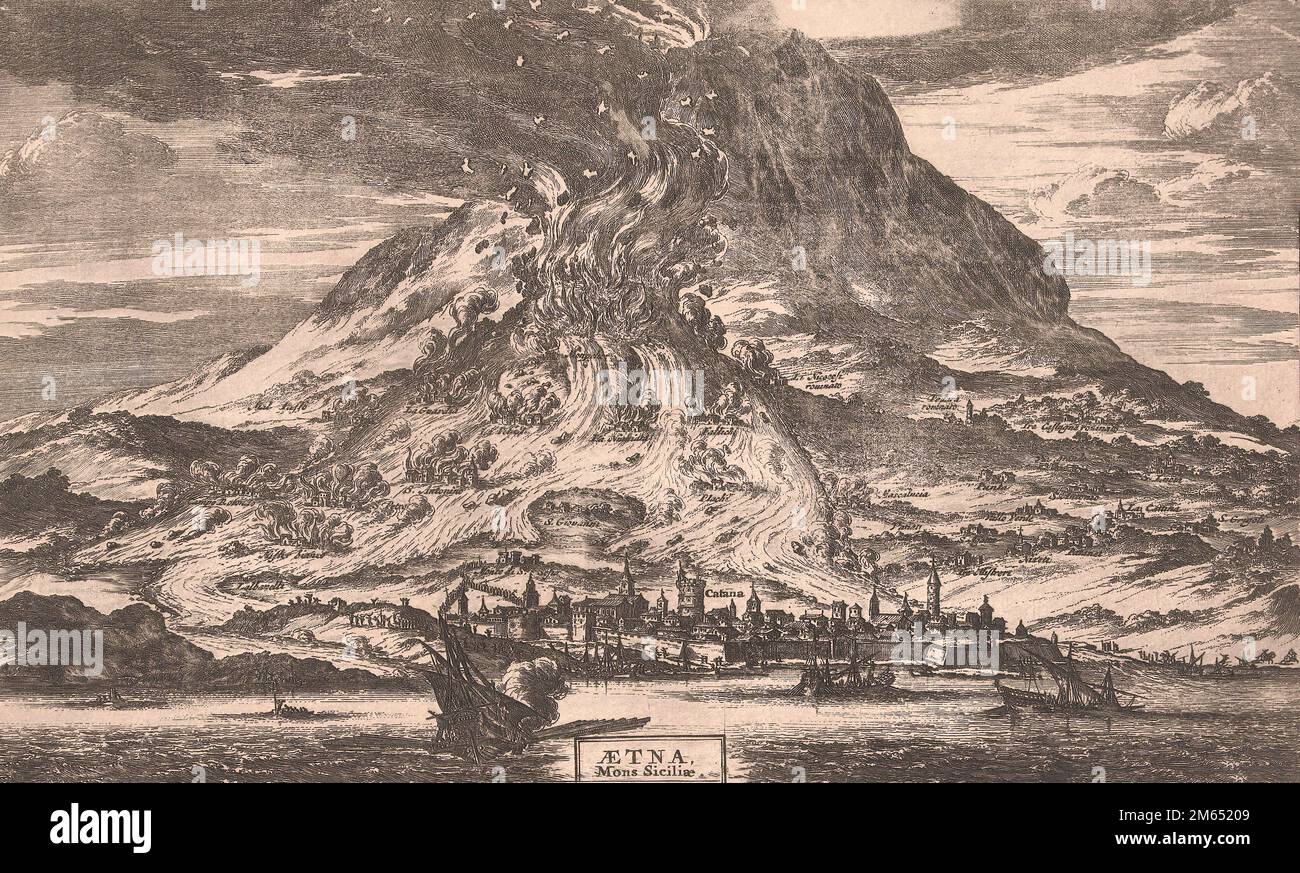 Eruption of Mt. Etna volcano, Sicily, Italy in 1726.  After an 18th century work by an anonymous artist. Stock Photo