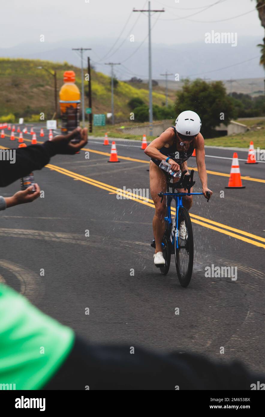 A participant in the Oceanside Ironman 70.3 cycles through Marine Corps Base Camp Pendleton California April 2 2022. This year the city of Oceanside held the Ironman in conjunction with Camp Pendleton