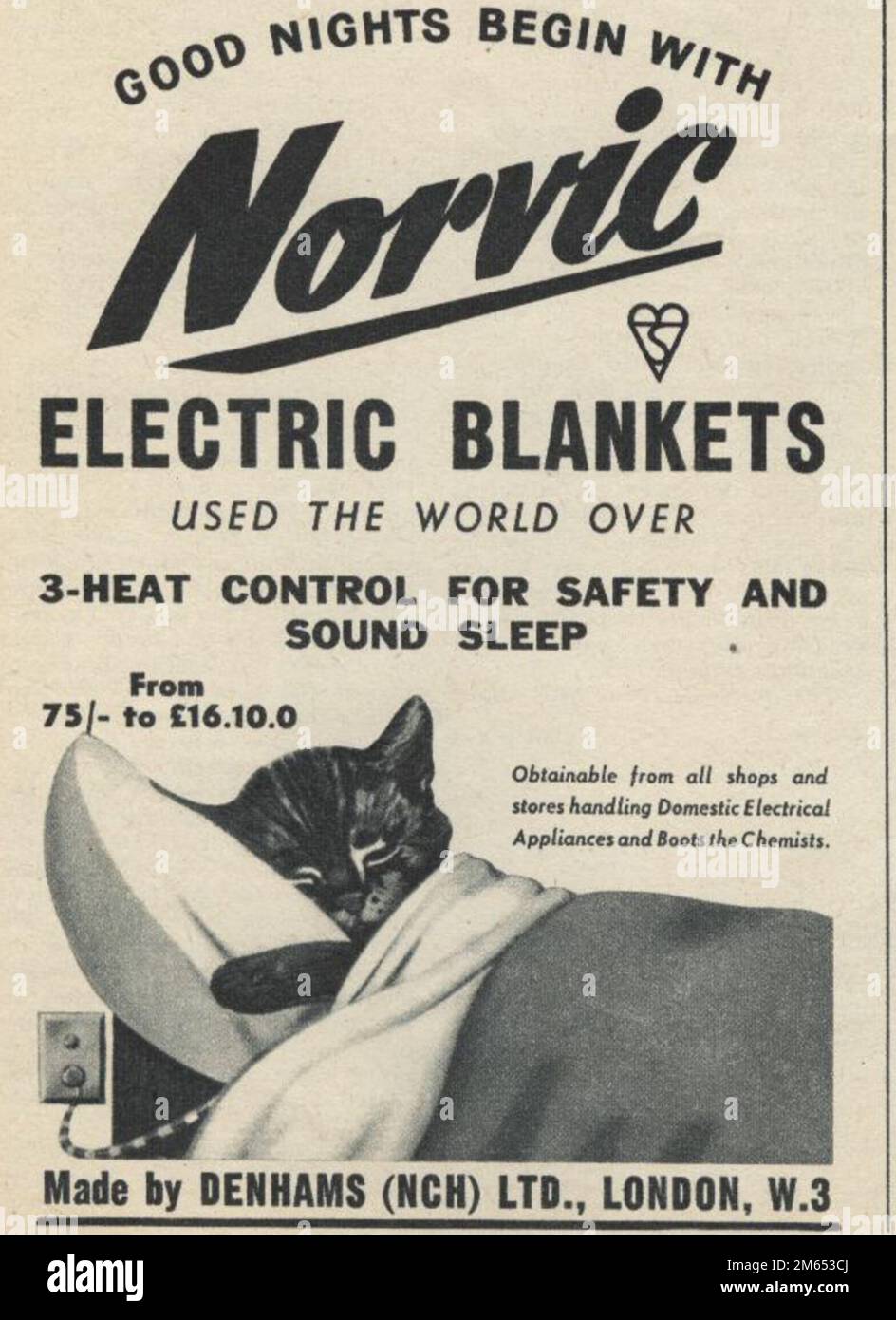 Vintage 1960's magazine advert from Homemaker Magazine  for Norvic Electric bankets showing a cat asleep in a bed Stock Photo