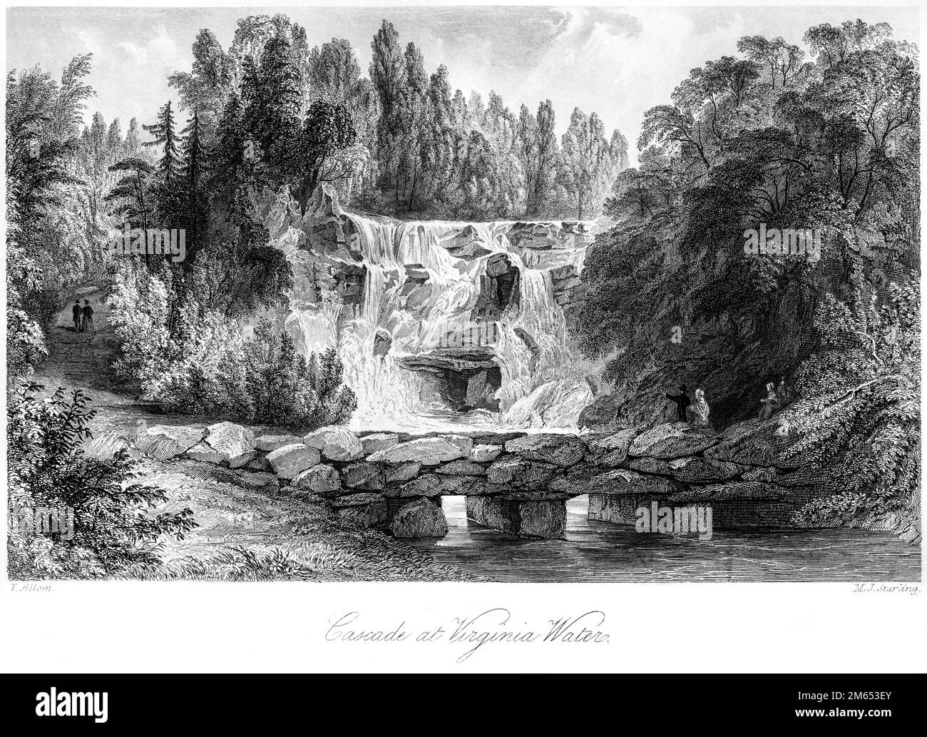 An engraving of the Cascade at Virginia Water, Surrey scanned at high resolution from a book printed in 1850. Believed copyright free. Stock Photo