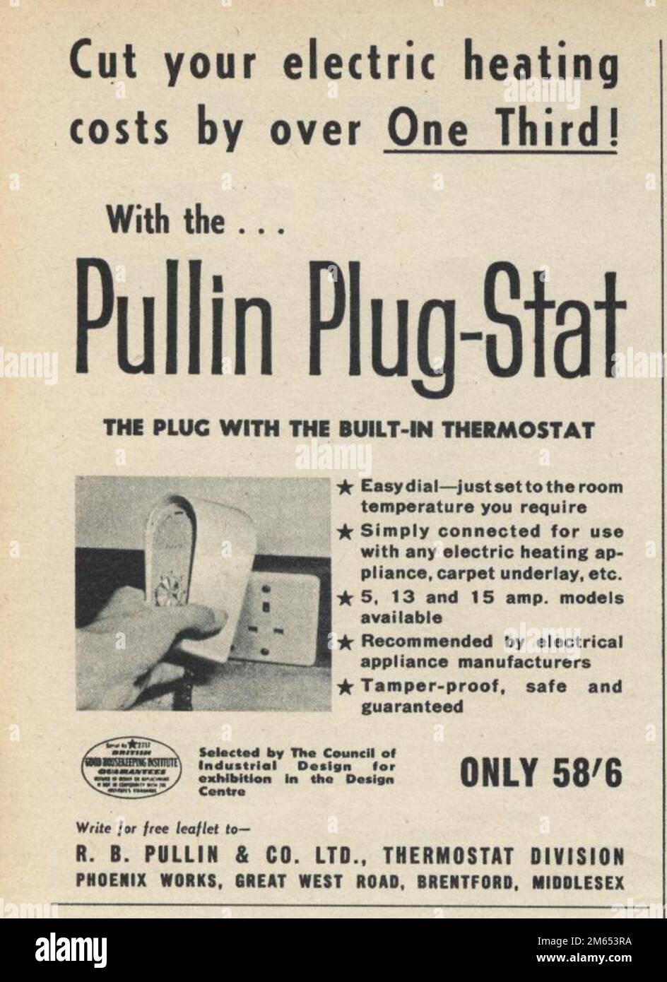 Homemaker Magazine advert for Pullin Plug-Stat thermostat from the 1960's. Homemaker is a DIY Magazine with home improvement ideas and design advice. Stock Photo