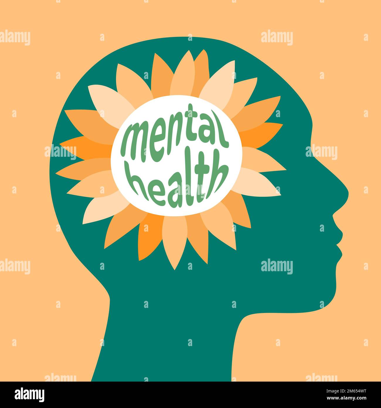 Head silhouette with sunflower inside mental health distort script