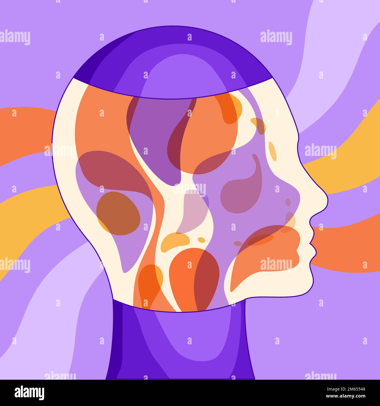Lava lamp in human head silhouette. Swirl rays background. Groovy