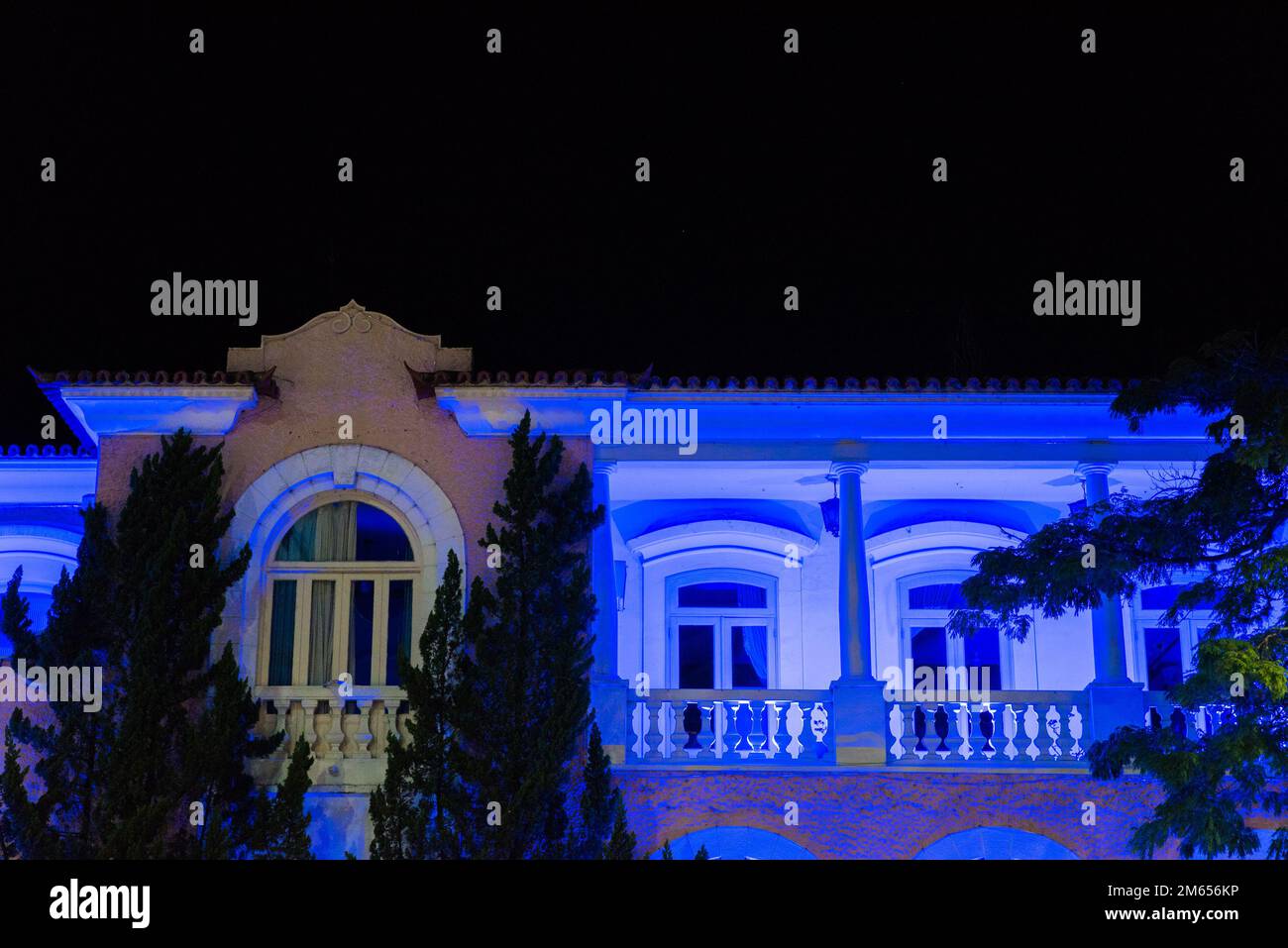 Nova Friburgo City Hall Illuminated by Blue Light at Night Stock Photo
