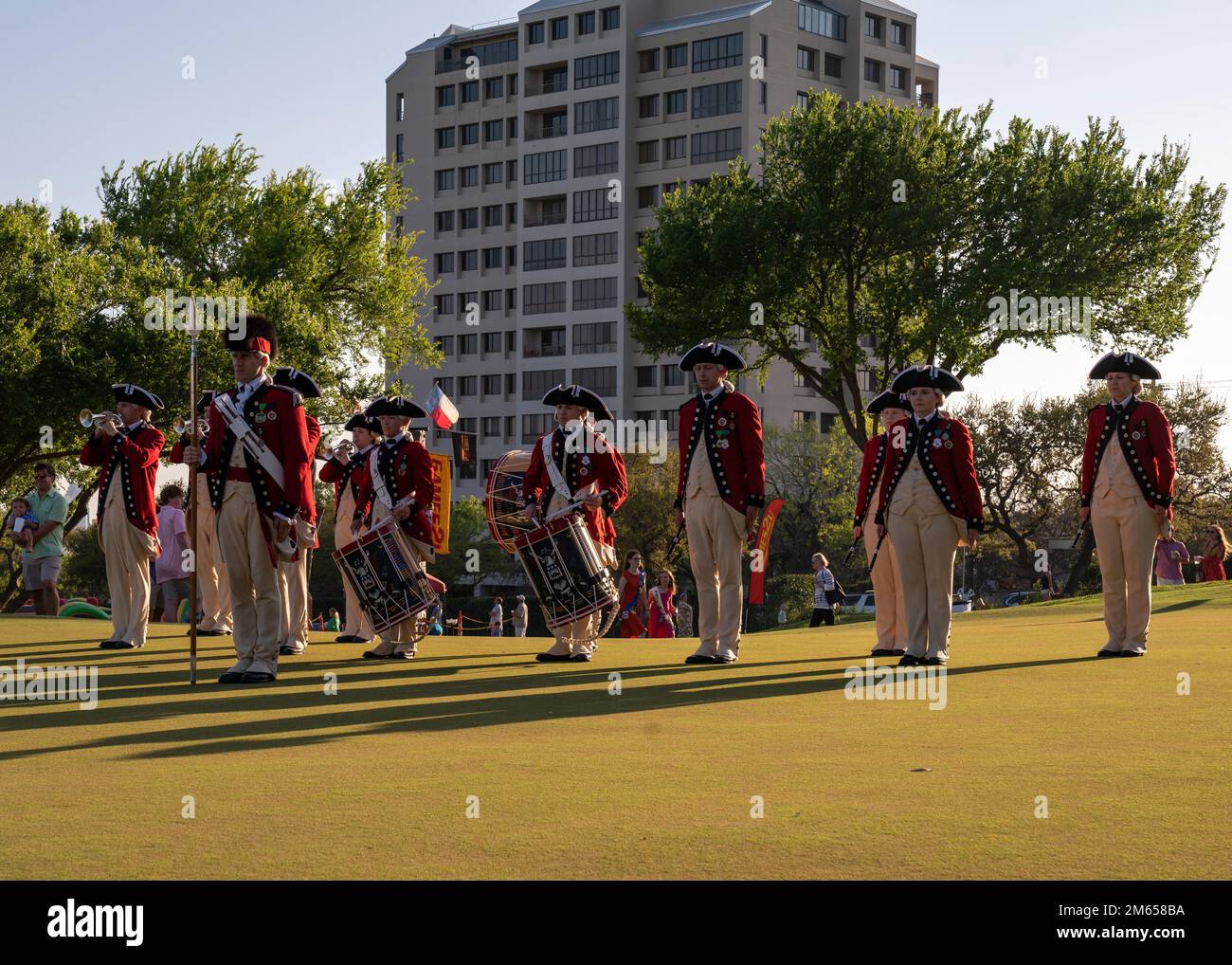 U.S. Army Old Guard Fife and Drum Corps perform at the San Antonio Country Club Fiesta Reception in San Antonio, Texas, April 3, 2022. Fiesta is an 11-day annual celebration featuring paraders, exhibits, music, entertainment, and family-friendly fun -- all benefiting local non-profit causes. Stock Photo