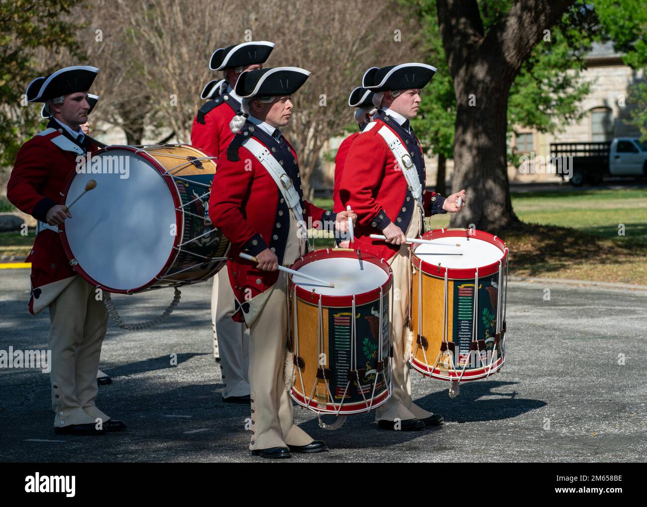 U.S. Army Old Guard Fife and Drum Corps perform at this year's Fort Sam Houston Commander’s Reception, during the 2022 Fiesta celebration, in San Antonio, Texas, April 3, 2022. Leaders across FSH and San Antonio joined to celebrate this year's Fiesta celebration in the historic quadrangle. Stock Photo