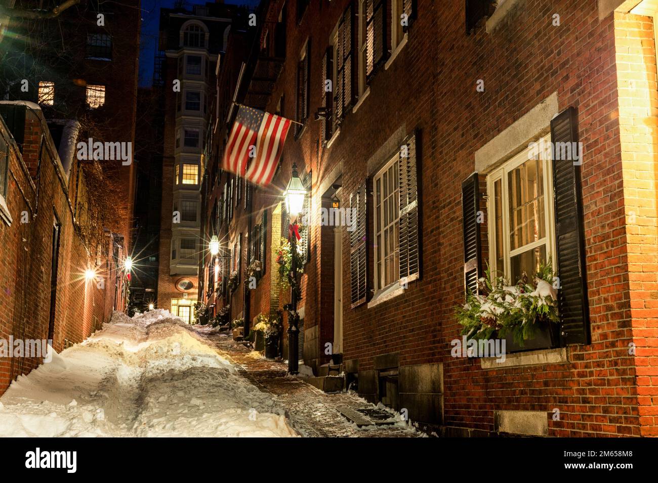 Beacon Hill Street in Boston. Long Exposure Night Photography. Acorn Street, Boston. Massachusetts, USA Stock Photo