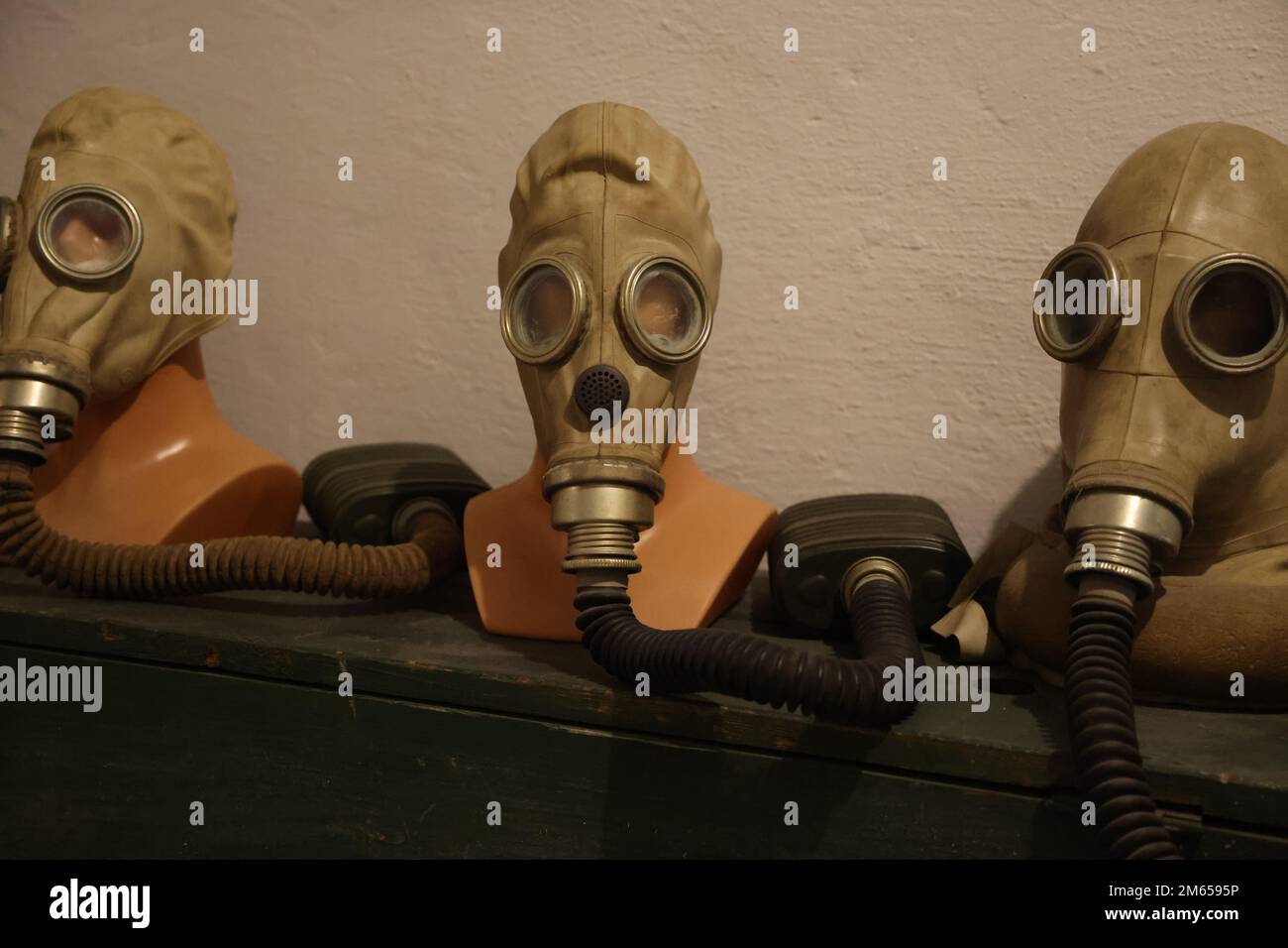 Various types of gas masks (from the Cold War period) as displayed in