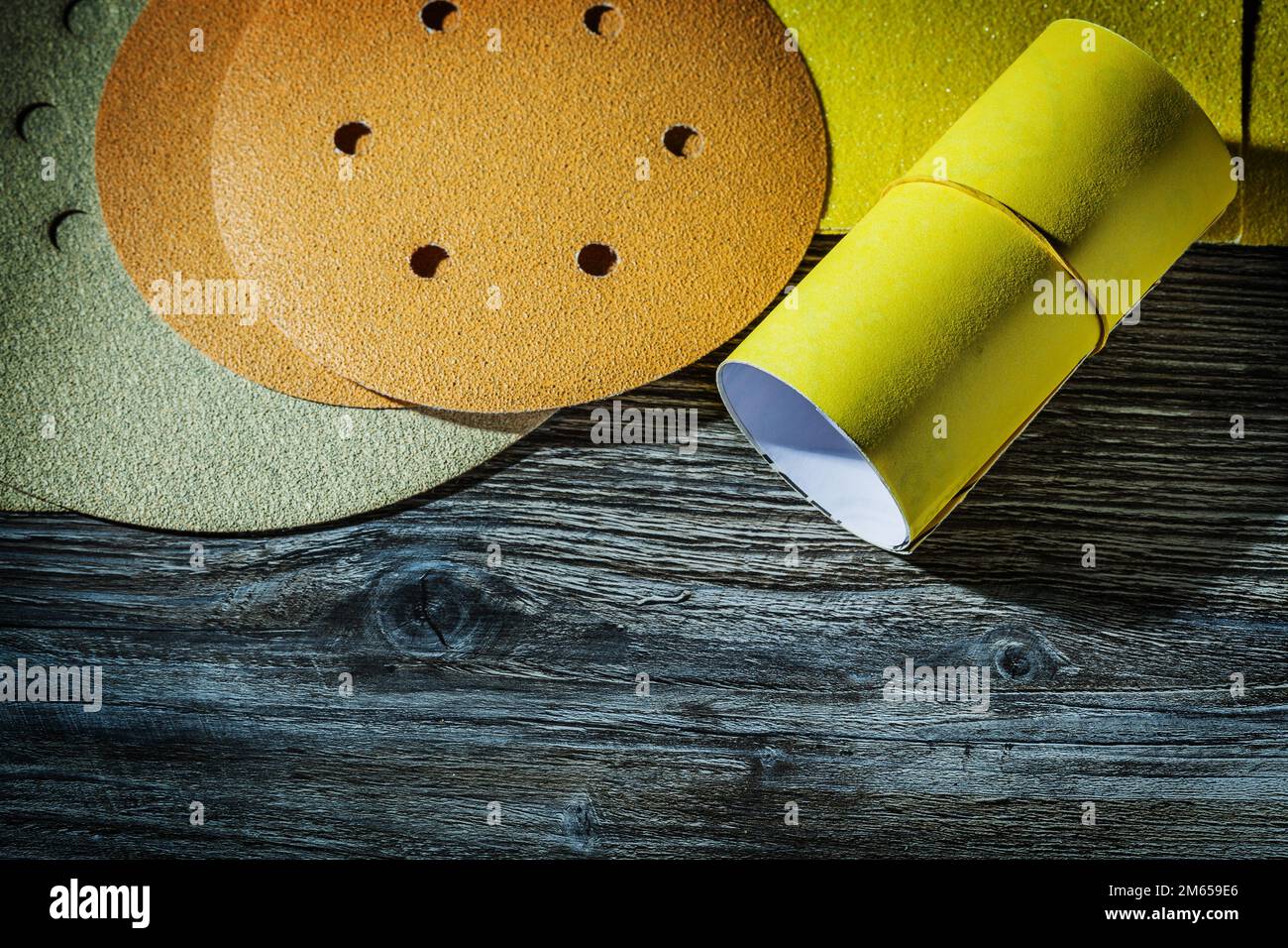 abrasive materials sanding discs and glasspaper on vintage wood Stock Photo Alamy