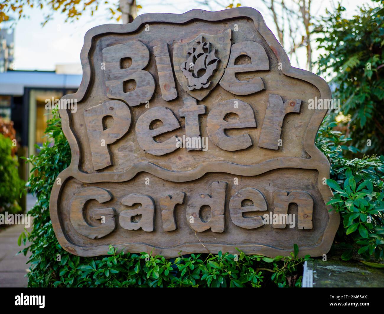 Salford UK January 2023 Blue Peter garden sign of popular BBC children