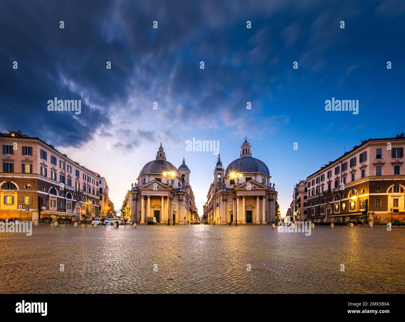 Twin Churches of Piazza del Popolo in Rome, Italy at twilight. Stock Photo