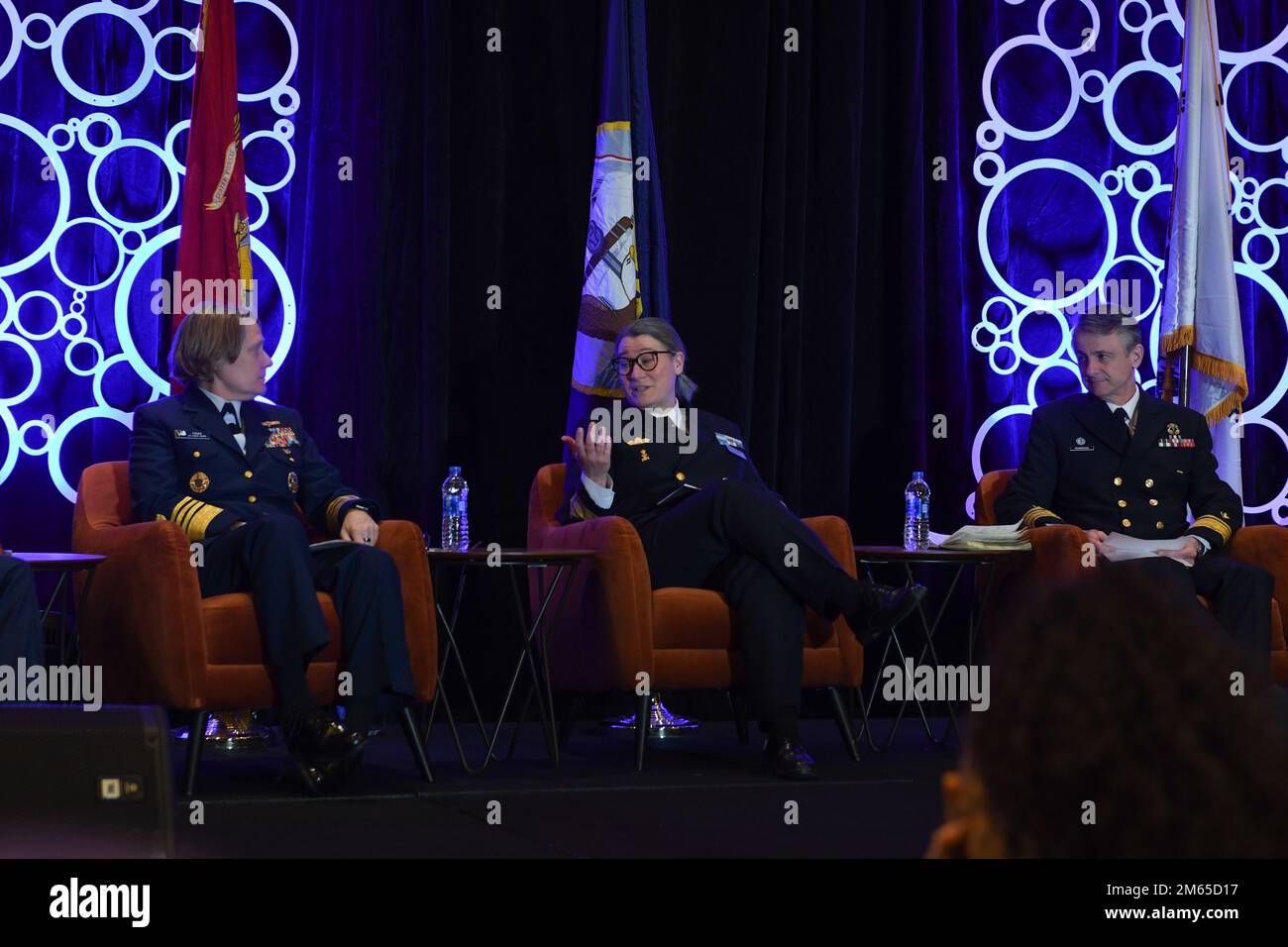 NATIONAL HARBOR, Md. (April 4, 2022) Rear Adm. Ewa Skoog Haslum, Chief of Navy, Swedish Navy, talks about ensuring the Arctic remains a zone of peace with Adm. Linda Fagan, Vice Commandant, U.S. Coast Guard, , (left), and Mr. Chris Henderson, Canadian Coast Guard Deputy Commissioner, (right), at “The Geostrategic Importance of the Arctic” panel during the Sea-Air-Space Exposition. The Sea-Air-Space Exposition is an annual event that brings together key military decision makers, the U.S. defense industrial base and private-sector U.S. companies for an innovative and educational maritime based e Stock Photo
