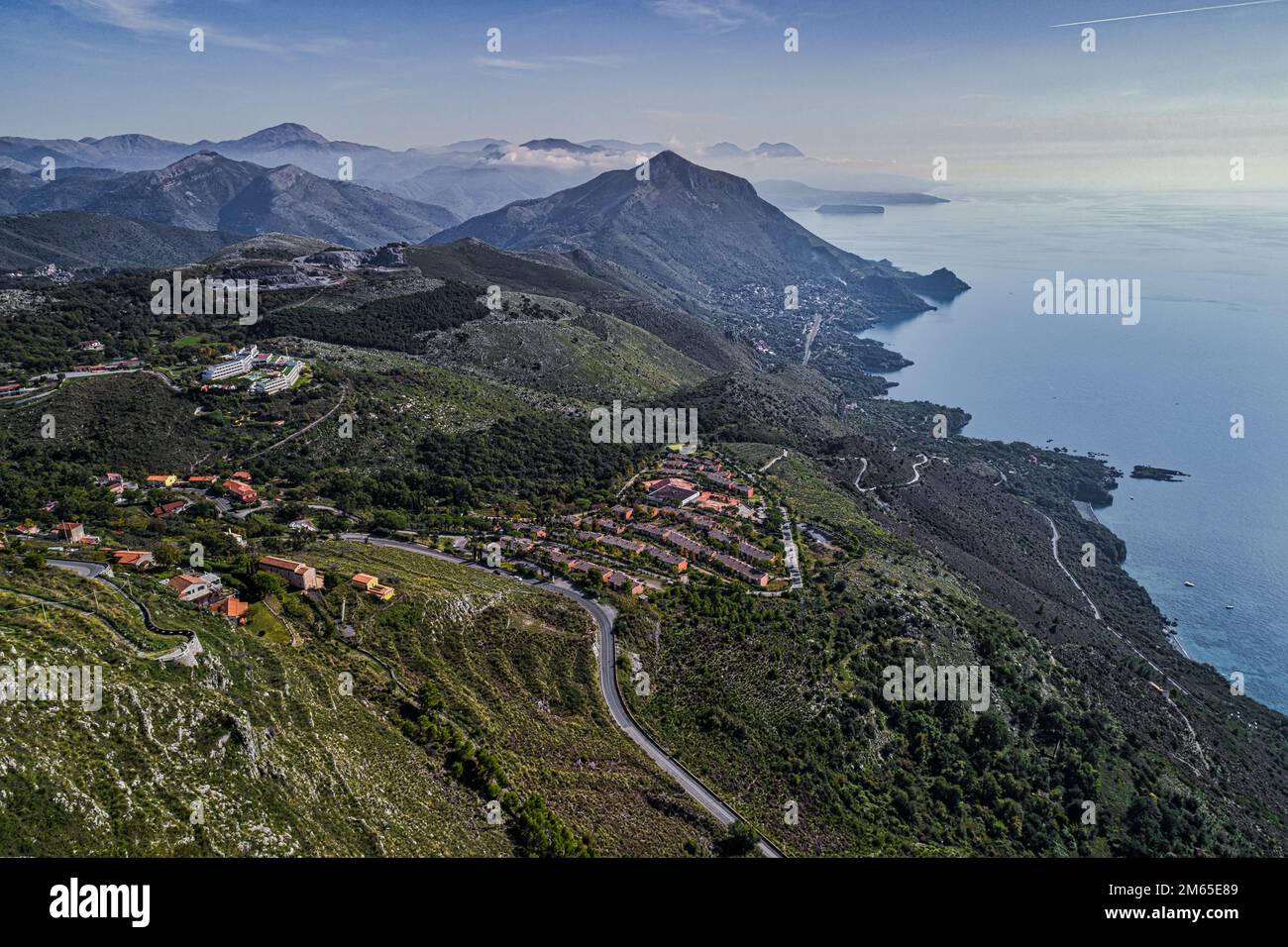Aerial view of the Lucanian mountains that slope towards the sea near the city of Maratea. Maratea, Potenza province, Basilicata, Italy, Europe Stock Photo