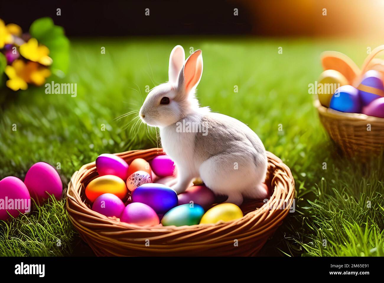 Easter rabbit and basket with eggs Stock Photo - Alamy