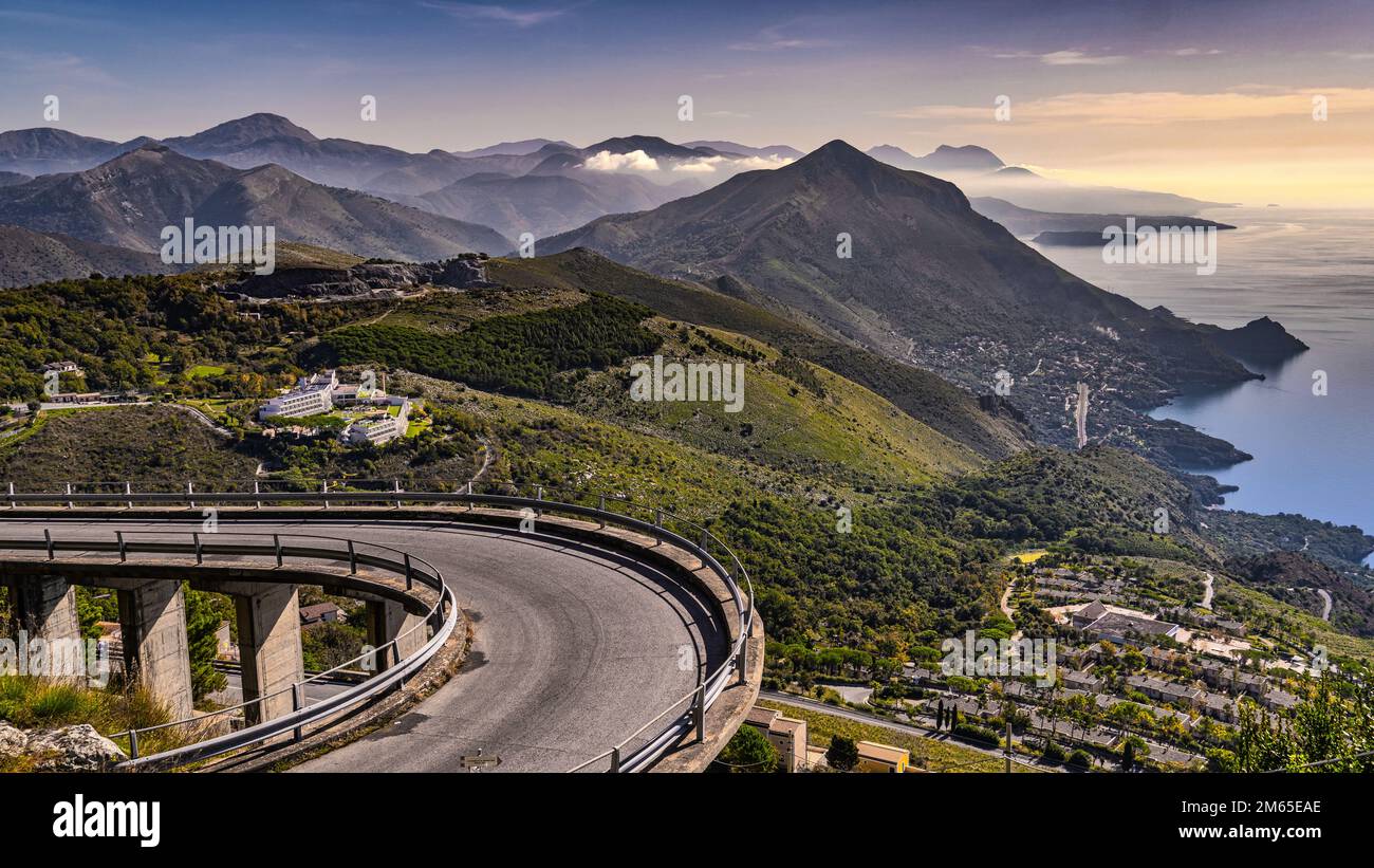 Aerial view of the Lucanian mountains that slope towards the sea near the city of Maratea. Maratea, Potenza province, Basilicata, Italy, Europe Stock Photo