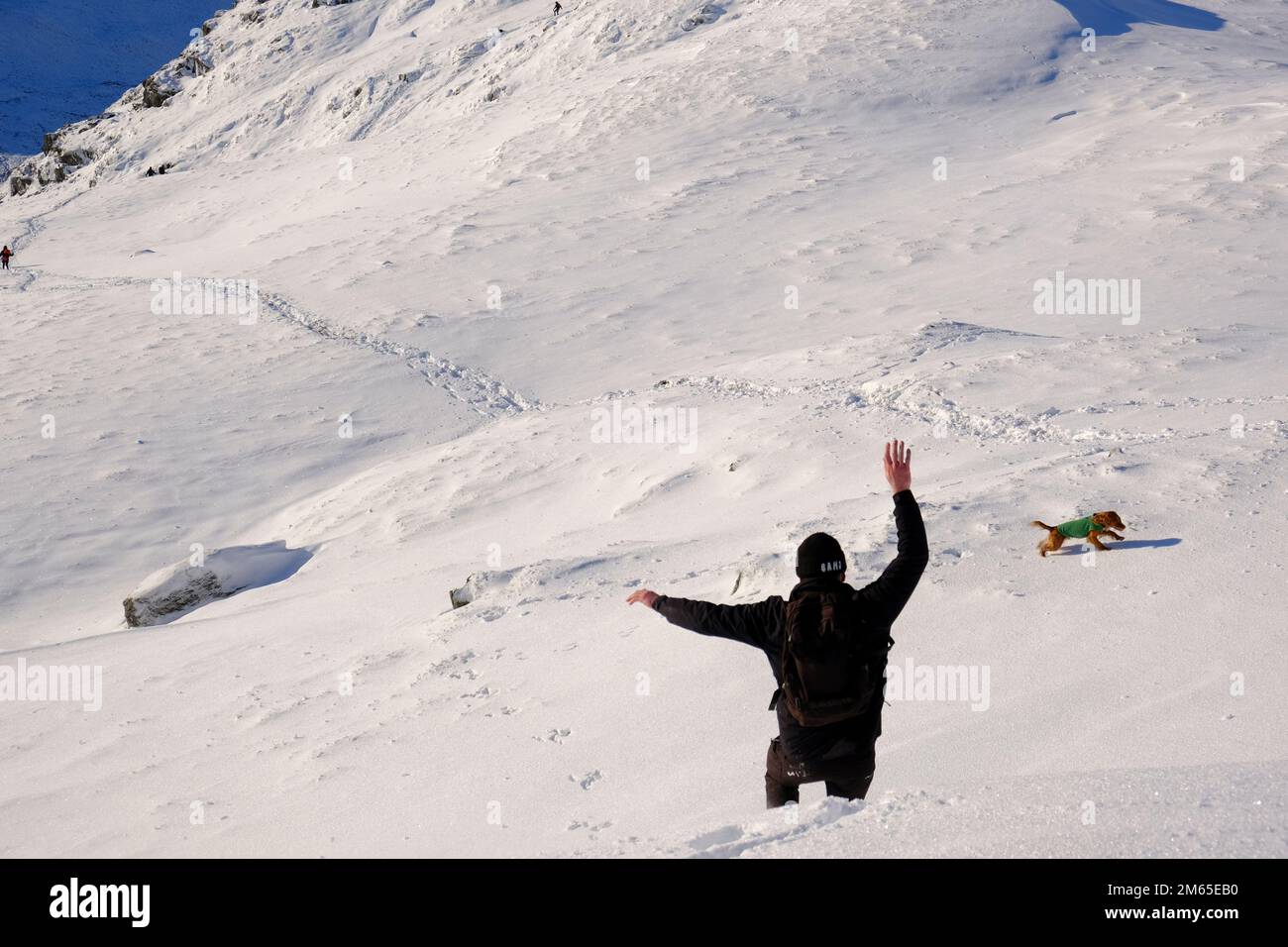 Pitlochry, Scotland, UK. 2nd January 2023. Winter snow, Hiker loses footing trips and falls on a snow covered Ben Vrackie, a prominent corbett at Pitlochry. Credit: Craig Brown/Alamy Live News Stock Photo