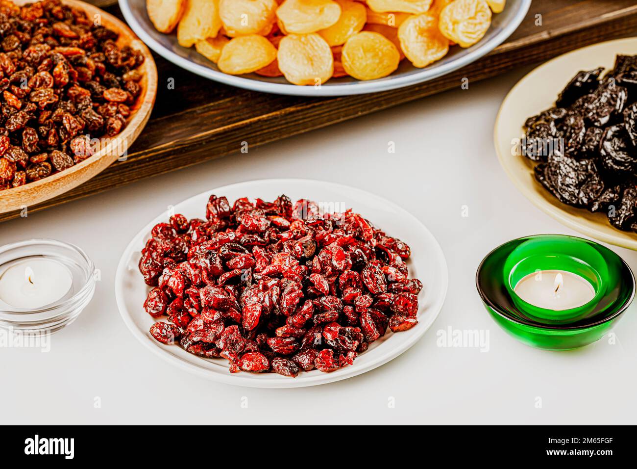 Ramadan food composition with dried apricots, cranberries, raisins, and