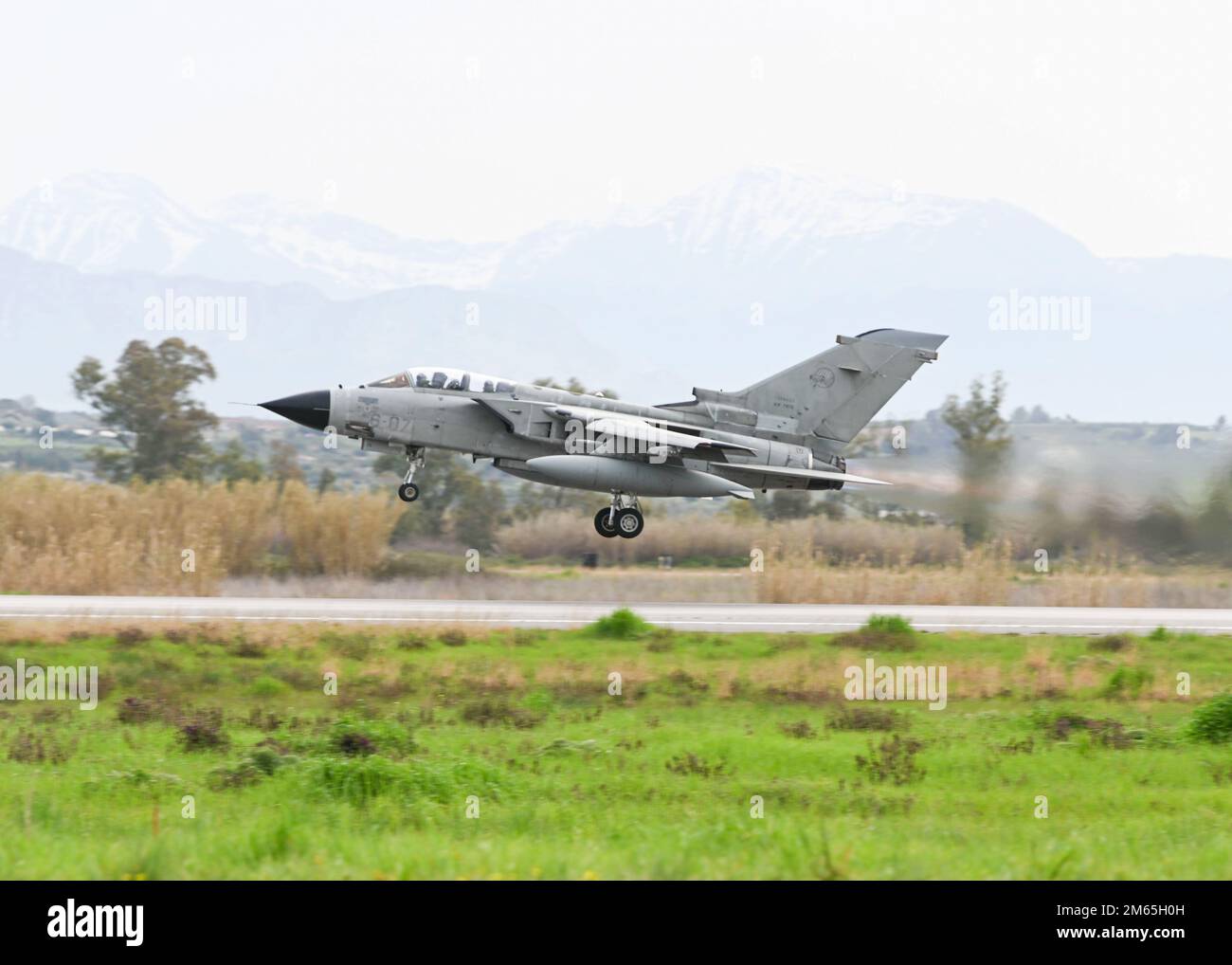An Italian air force Tornado takes off from Andravida Air Base, Greece, April 4, 2022. Italy was one of the many nations that participated in INIOCHOS 22, a Hellenic air force-led operational and tactical level field training exercise, hosted by the Hellenic Air Tactics Center at Greece’s fighter weapons school. Stock Photo