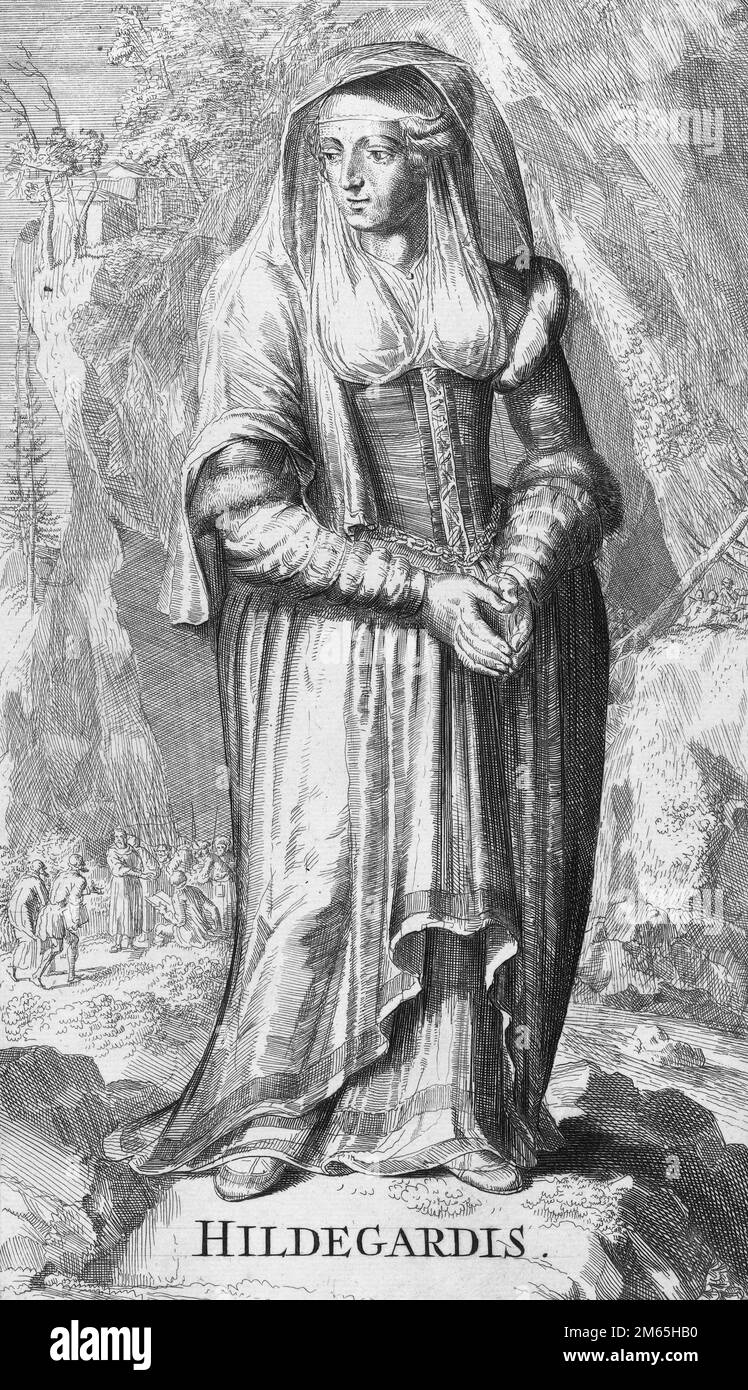 Hildegard of Bingen (Hildegard von Bingen 1098-1179), also known as Saint Hildegard and the Sibyl of the Rhine, was a German Benedictine abbess. Engraving by Romeyn de Hooghe, 1701 Stock Photo