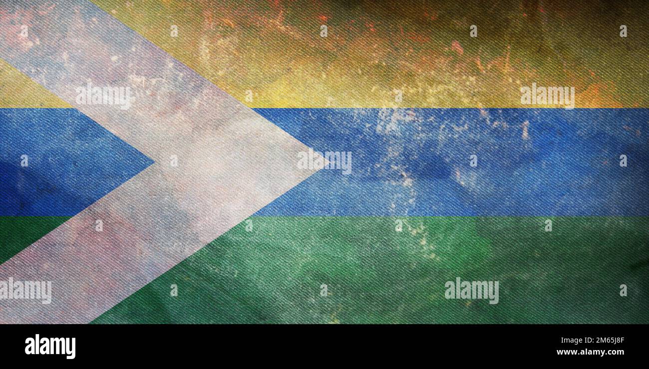 Top view of retro flag Cumaribo, Vichada Colombia with grunge texture. Colombian travel and patriot concept. no flagpole. Plane layout, design. Flag b Stock Photo